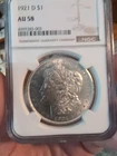 1921-D Morgan Dollar NGC AU58 Silver $1 Philadelphia KM#110 Cert#8397283-003