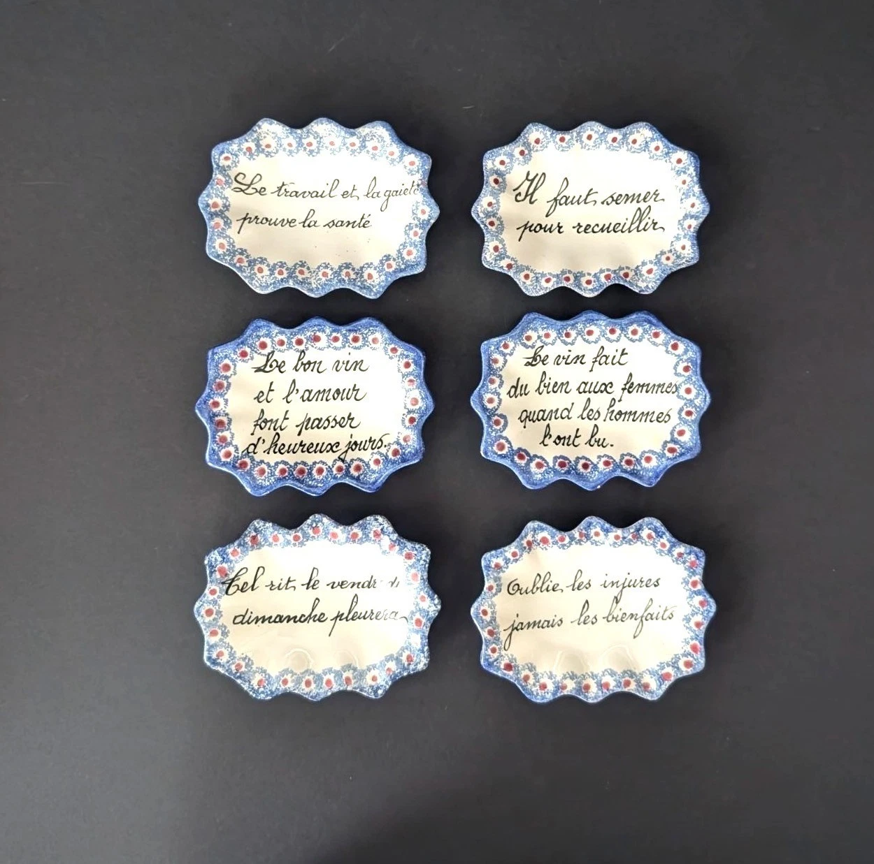 6 Henriot Quimper #239 Ceramic Trinket Dishes Butter Pats with French Sayings