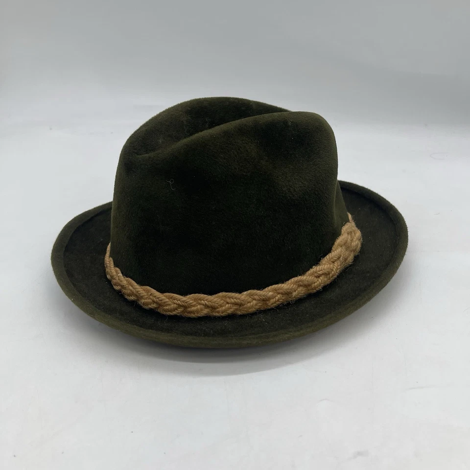 De colección Stetson Fedora Sombrero Verde Oliva Terciopelo Fieltro Lana Mafia Elegante Cuerda Cinturón Foto 2 de 4