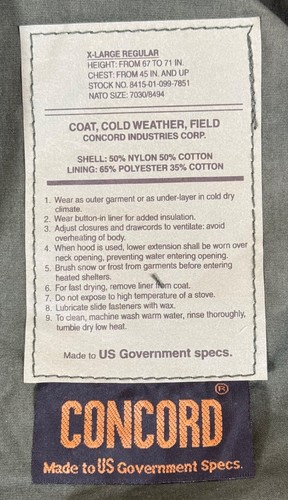 New Concord USGI Military M-65 Field Jacket Coat OD Green X-Large Regular XL USA - Picture 5 of 5