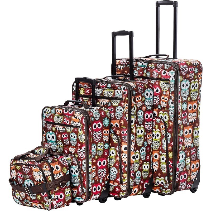 Rockland Jungle Softside Upright Luggage Set,Expandable,Owl,4-Piece 14/29/24/28