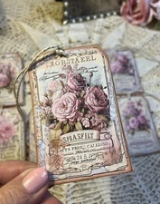 Shabby Chic, Romantic Lavender Roses, Linen Cardstock Hang Tags Set Of Eight (8)