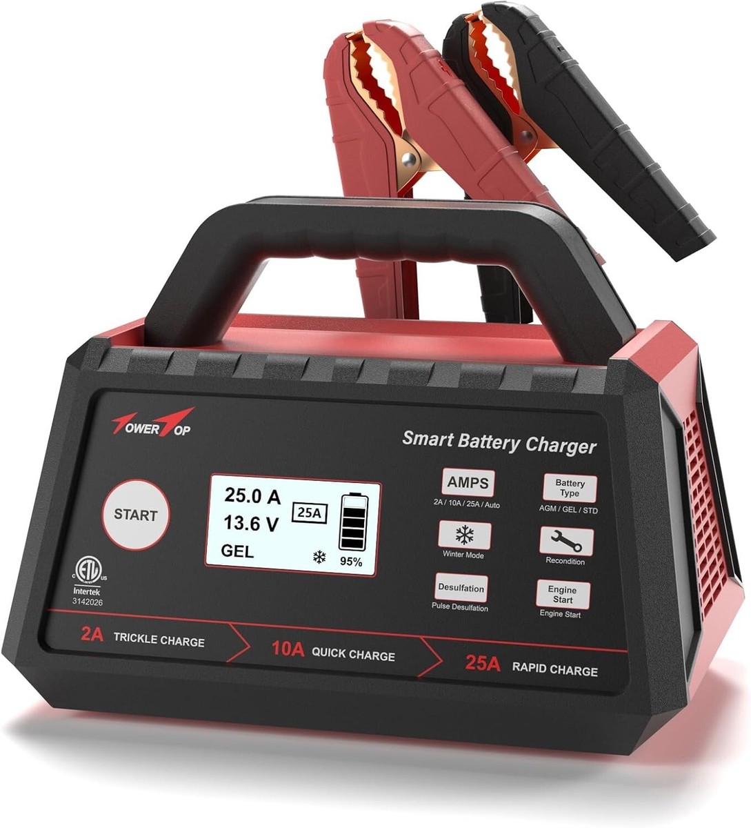 Compact 2/10/25A 12V Smart Battery Charger with Engine Start & ETL
