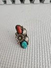Vintage Silver Tone Red Coral, Turquoise Ring made by Mike Chee