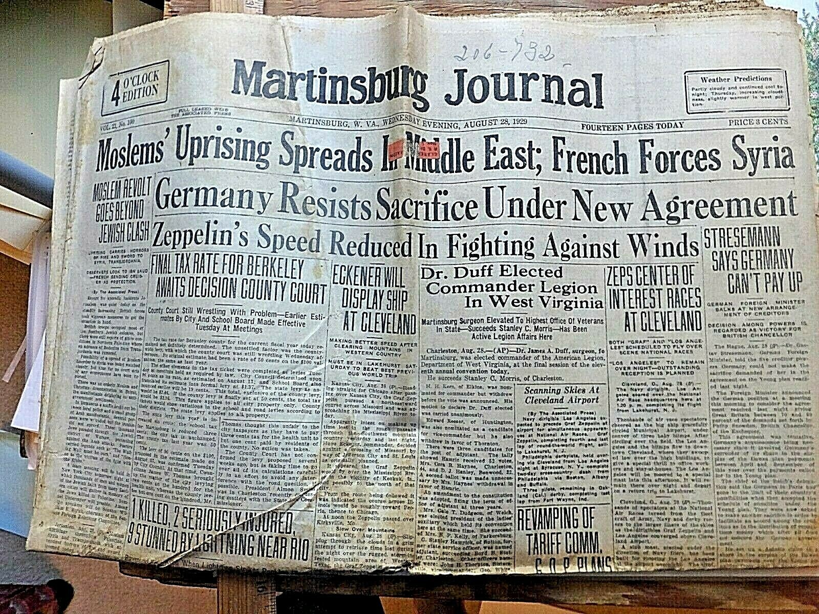 MidEast Moslem Uprising Headline. 1929 Martinsburg Journal Newspaper