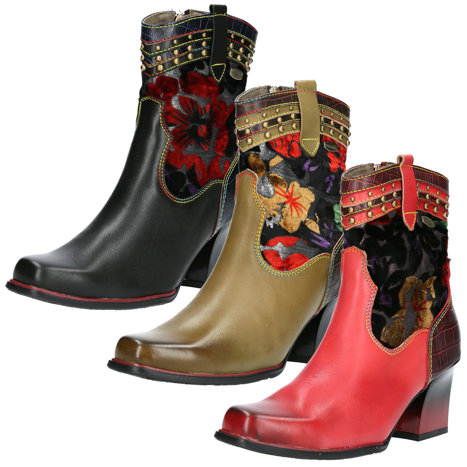 Laura Vita Botín De Dama Cowboy Western Con Flores Florales Y Tachuelas Onao 01