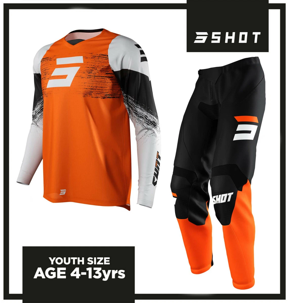 NEW SHOT KIDS YOUTH MOTOCROSS KIT BLACK KTM ORANGE PANTS JERSEY GLOVES