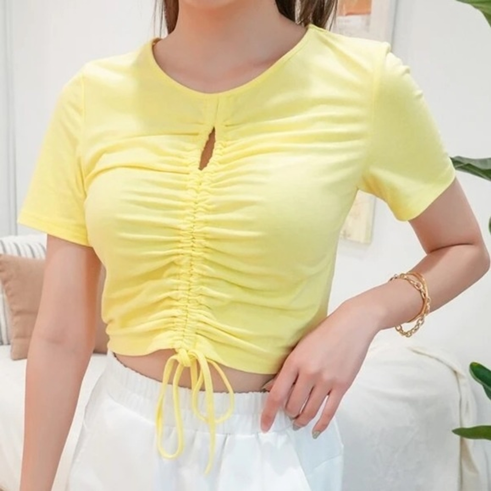 Bright Lemon Yellow Solid Drawstring Ruched Tee - image 3