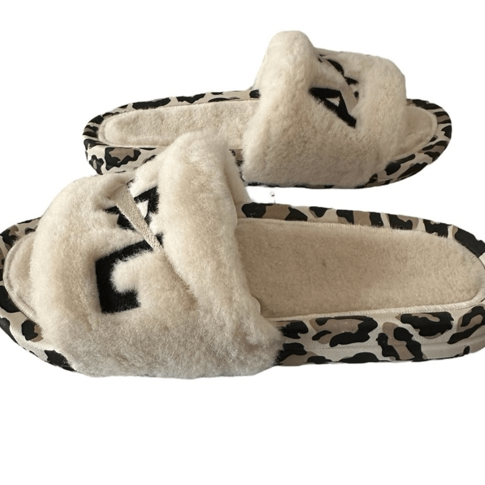APL Sandalo donna in shearling slide in pergamena nero leopardato. Taglia 8. Nuovo con scatola!