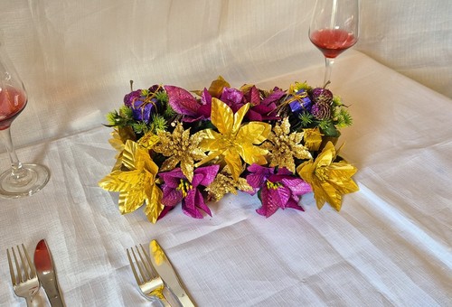 Artificial Flowers Christmas Table Centerpiece Poinsettia Rose Berries Holly - Picture 5 of 16