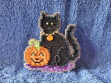 Wendy's Black Cat Halloween, Cross Stitch Refrigerator Magnet, Made in the USA