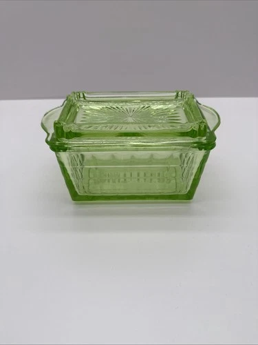 Block Optic Green Depression Vaseline Uranium Glass Covered Butter Dish