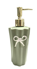 KASSATEX MILK OLIVE GREEN,WHITE BOW RIBBON CERAMIC,GOLD TONE PUMP SOAP DISPENSER