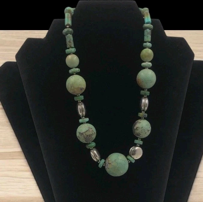 Antique Sterling Silver 925 and Large Matrixed Turquoise Bead Necklace Signed - Image 2 of 4