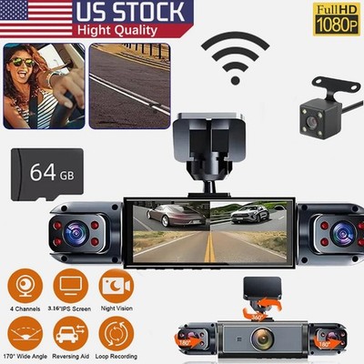 Upgrade 4-Channel Dash Cam 360° Camera 1080P HD Wi-Fi Dashcam With 64GB For Car