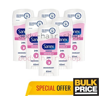 Sanex Dermo Invisible Stick Deodorant PH Balance Anti-Stain Alu-Free 65ml 6-Pack