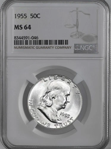 1955-P  50C  FRANKLIN SILVER HALF DOLLAR PHILADELPHIA MINT NGC MS64 #8344591-046