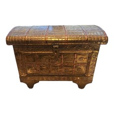 VINTAGE COPPER BRASS PLATED WOOD GYPSY WAGON JEWELRY MUSIC CHEST - WOOD WHEELS