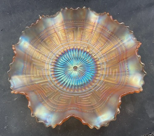 VINTAGE CARNIVAL NORTHWOOD PASTEL MARIGOLD  GREEK KEY RUFFLED BOWL “RIBBED EXT”