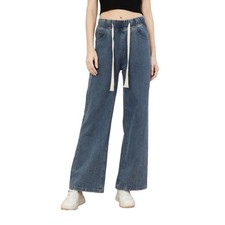 Dark Blue Womens Straight Jeans High Waist Loose Fit Elastic Waist Trousers