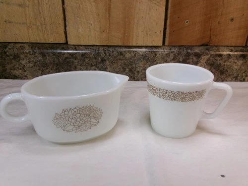 Vintage Pyrex Milk Glass Woodland Brown Floral Gravy Boat and Coffee Tea Cup