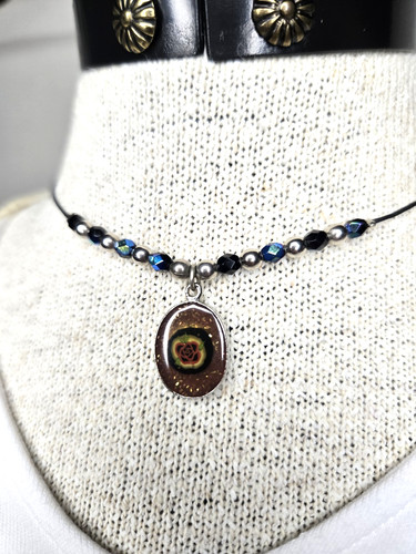 Vintage Choker Beaded Cord Enamel Glitter Rose Charm 90s Girls String Necklace - Image 1