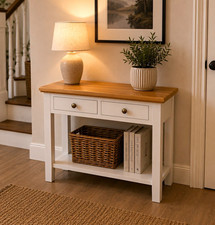 White Rectangular Console Table Wood Top 2 Drawers Storage 100x32x75cm