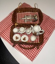 Vintage Mini Wicker Picnic Tea Set Basket with Bear Dishes Untencils Blanket