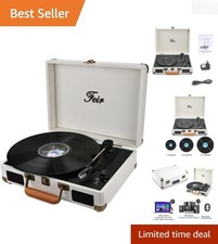 Vintage-Style Bluetooth Turntable: White Portable Record Player with Speakers