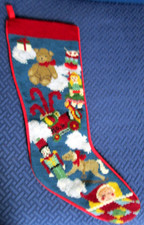 Vtg Wool Needlepoint Christmas Stocking Bear Nutcracker Toys Red Velvet Trim 20"