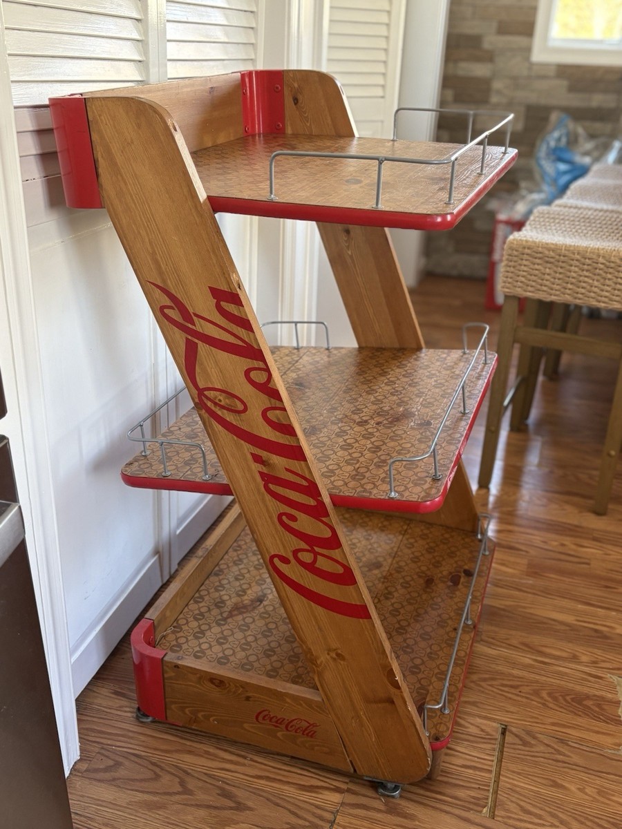 r*3様 Coca-Cola　ヴィンテージ・ワイヤーラック Coca-Cola Wooden 3-Tier Display Rack Cart with Red Trim and Wire