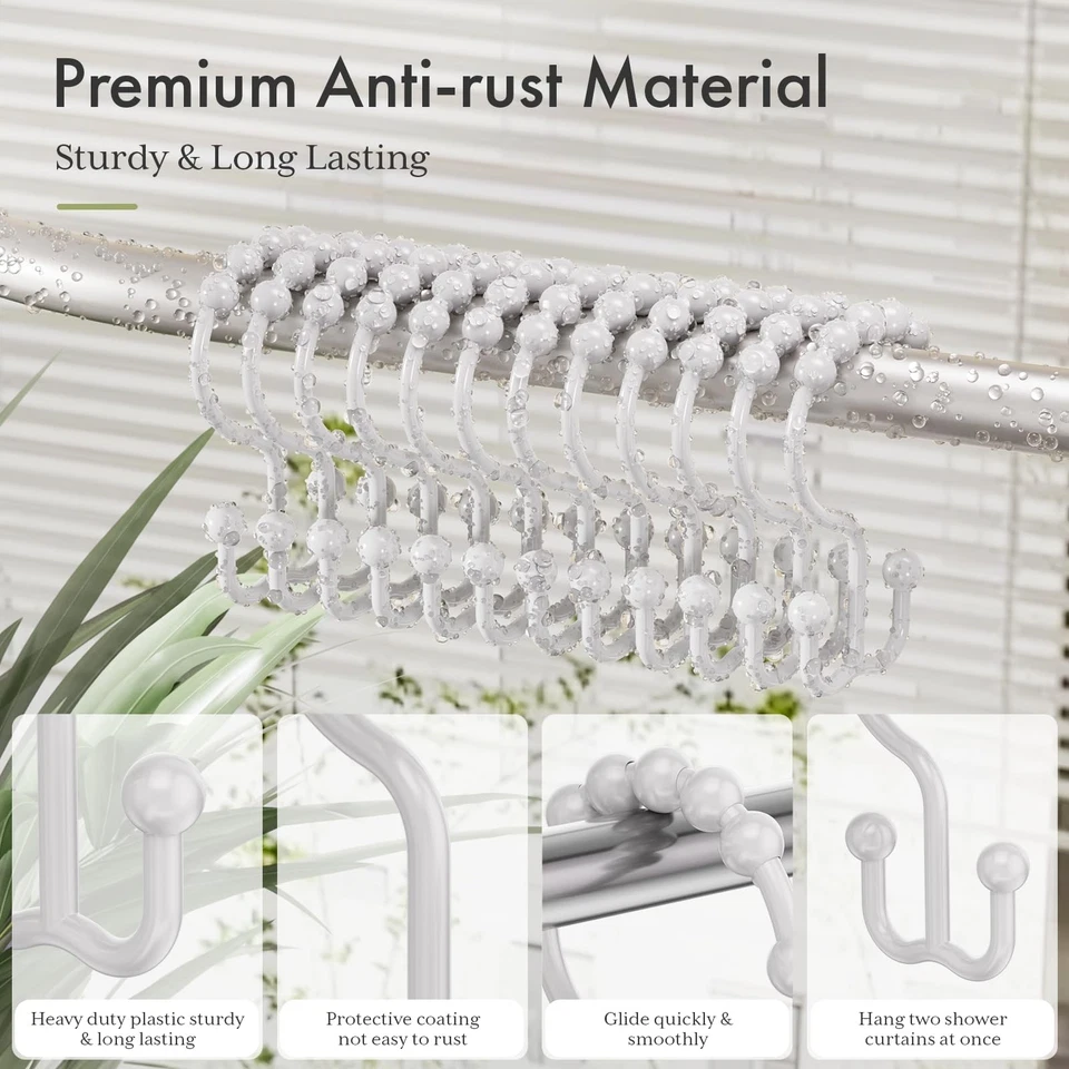 White Shower Curtain Hooks, Double Plastic Rings for Heavy Liners, Easy Install - Image 3 of 4