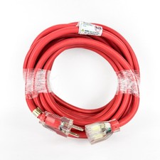 25 Ft 12/3 Red Extension Cord, Lighted End, 15 Amp SJTW, Heavy Duty