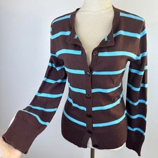 VTG Crystal Kobe Y2K Brown Turquoise Striped Cotton Cardigan Sweater Womens Sz S