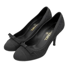 Chanel Grosgrain Ribbon Cap Toe Heel Pumps Satin Black Women's Size EU36.5/US6.5
