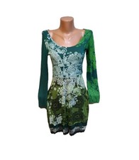 Desigual Dress Size M Green Mandala Long Sleeve Knit Lace Trim Embroidered