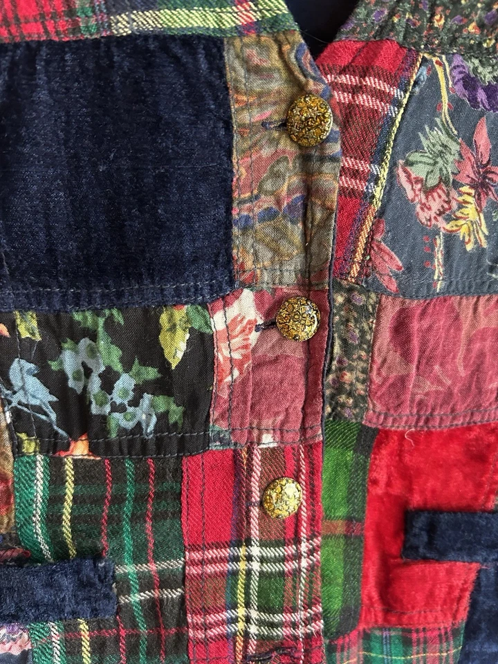 Colete Vintage Algodão Express L Patchwork Veludo Botão Xadrez Floral Grunge Boho - Imagem 4 de 4