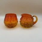 Vintage Blenko Glass 6047-B & 6047-P Set Vineyard Creamer & Open Sugar Tangerine