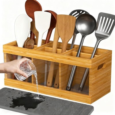 12 in Bamboo Utensil Holder for Countertop, Kitchen Cooking Utensil Organizer...