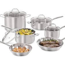10-Piece Stainless Steel Cookware Set - Includes Frying Pans, Saucepans, Saut...