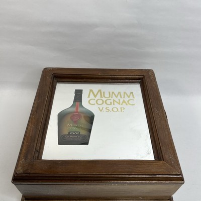 VINTAGE MUMM COGNAC VSOP EMPTY WOODEN BOX MIRROR TOP 10X10X4.5 