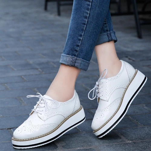Womens Brogues Oxfords Pumps Platform Creeper Lace Up Wingtip Wedge Heel Shoes - Picture 4 of 28