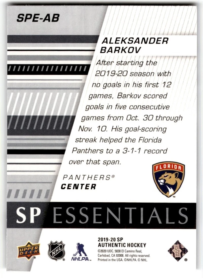2019-20 SP Authentic Essentials Aleksander Barkov #SPE-AB Florida Panthers - Image 2 of 2
