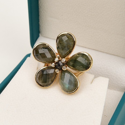 Natural Labradorite Shimmer Stone Flower Stone Clear CZ Pave Rings Adjustable - 第 7/9 張圖片
