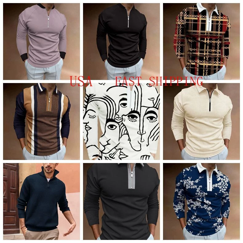 Polo Shirt Men Zipper Collar Fashion Long Sleeve 2 Tone Sport Golf Zip Tee Dress
