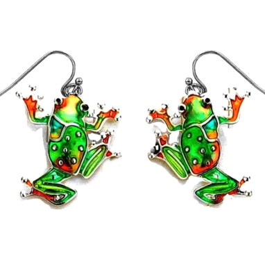 Frog Earrings Dangle Enameled Hand Painted Gift Boxed Fast Shipping