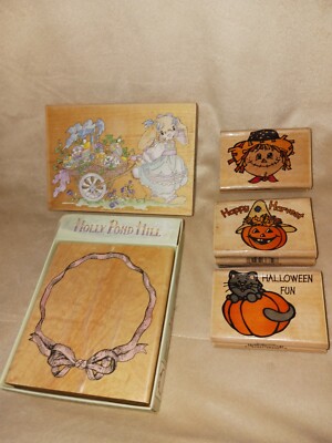 Wooden Rubber Stamp Lot - Halloween Pumpkins Cat Scarecrow Easter & More 