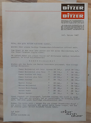 Schreiben + Kuvert Bekleidungshaus Bitzer Gummersbach 1967 Sonderangebot Winter