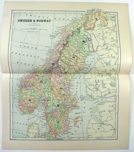Suecia y Noruega - Mapa original de 1891 de Hunt & Eaton. Antiguo - Imagen 1 de 3