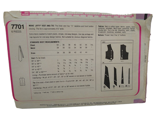 Chaleco y corbatas para hombre Simplicity 7701 talla 44 patrón corte sobre daños - Imagen 2 de 3